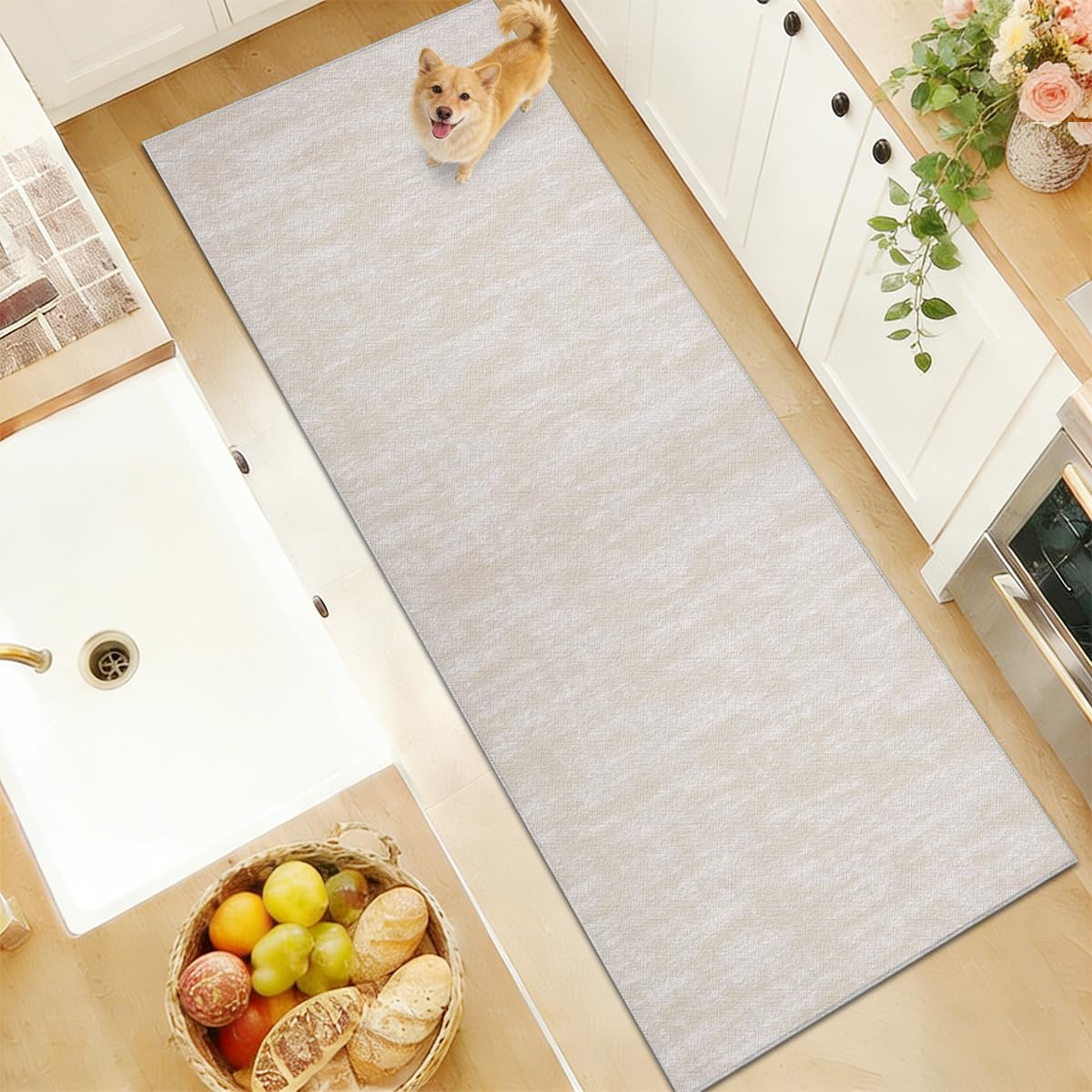 Tapis de cuisine beige 80x180cm antidérapant et lavable