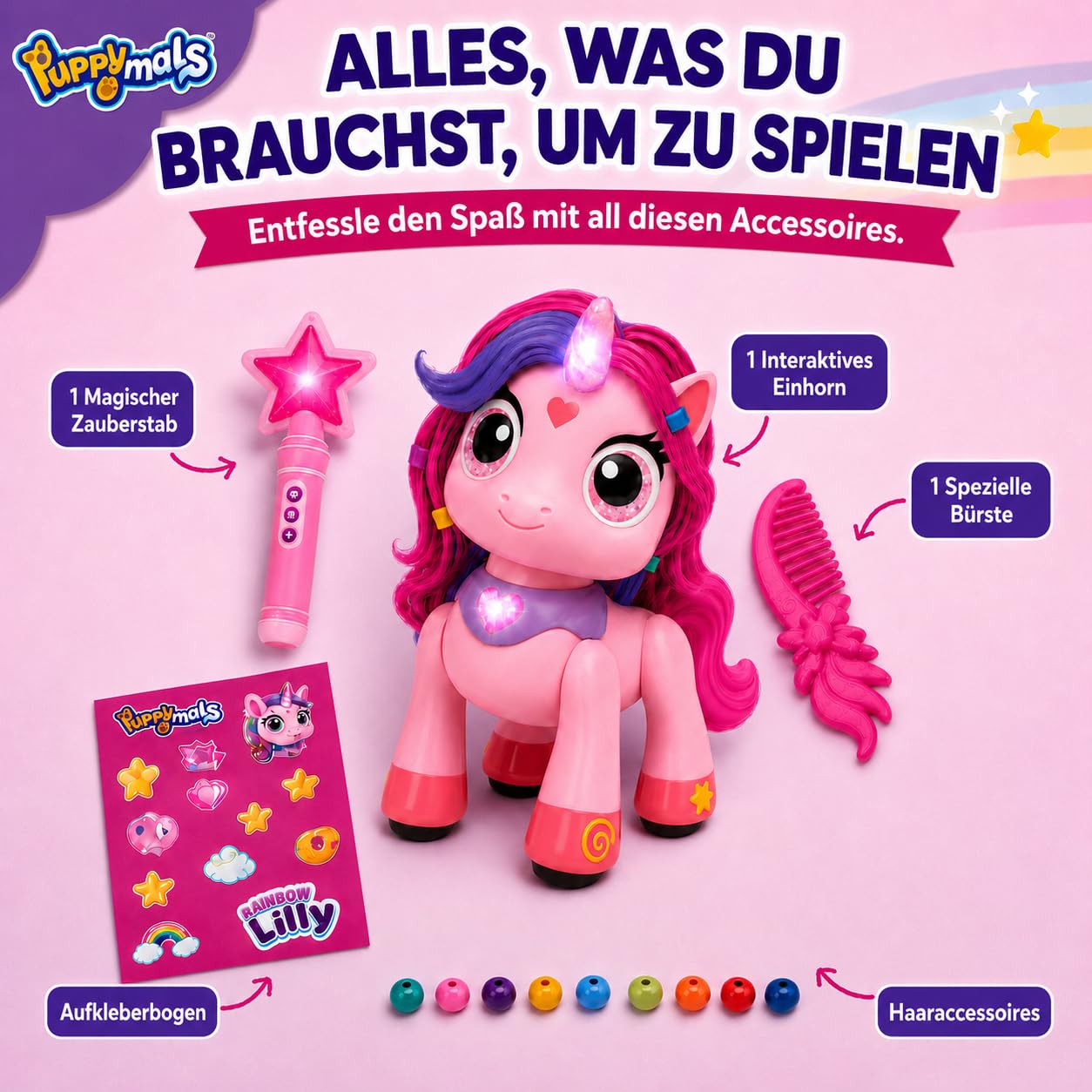 Regenbogen Einhorn Rainbow Lilly | Ferngesteuertes Einhorn mit Zauberstab | Interaktives Einhorns mit Licht, Sound und Bewegung
