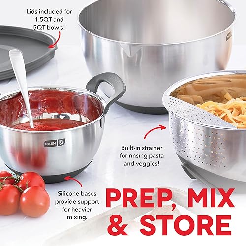 Miniatura 10 de DASH Tazones para mezclar de acero inoxidable con tapas, base antideslizante de silicona con líneas de medición y colador, juego de 3 tazones - 1.5