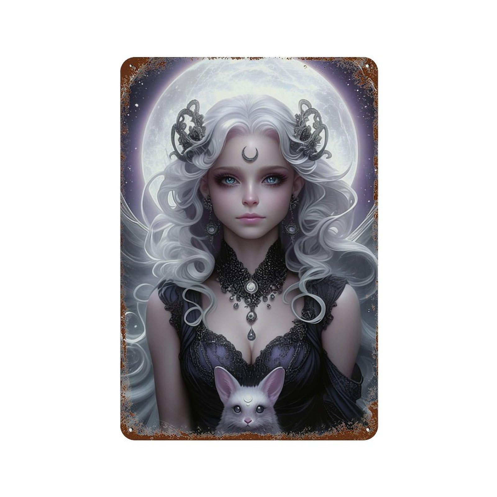 Distressed Metal Wall Sign with Fantasy Moonlit Fairy with Rabbit Design 11.8"x7.9", for Cafe, Home Bar And Lounge Decor, Retro Wall Decor