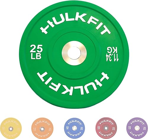 Miniatura 8 de HulkFit Placa olímpica de goma codificada por colores de 2 pulgadas con cubo de acero para entrenamiento de fuerza, levantamiento de pesas y