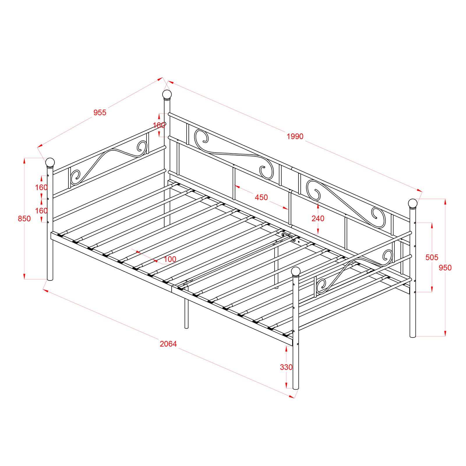 Struttura Divano Letto 90x200 cm, per Interno ed Esterno, Nero | Letto da giorno Singolo in metallo, ideale come divano o letto ospiti in soggiorno, camera, balcone e terrazza, Max 150kg