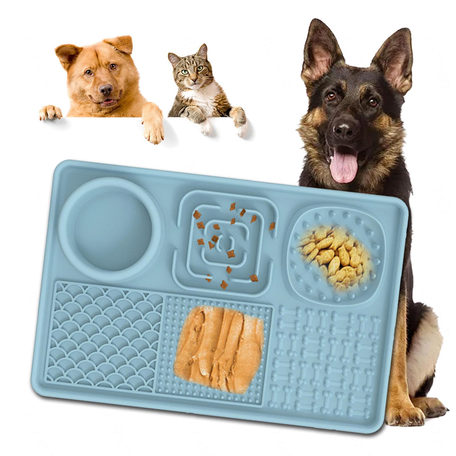ペット食器　早食い防止用　(色:ブルー) 陶器製早食い防止皿 フィッシュボーン ブラック/ホワイト