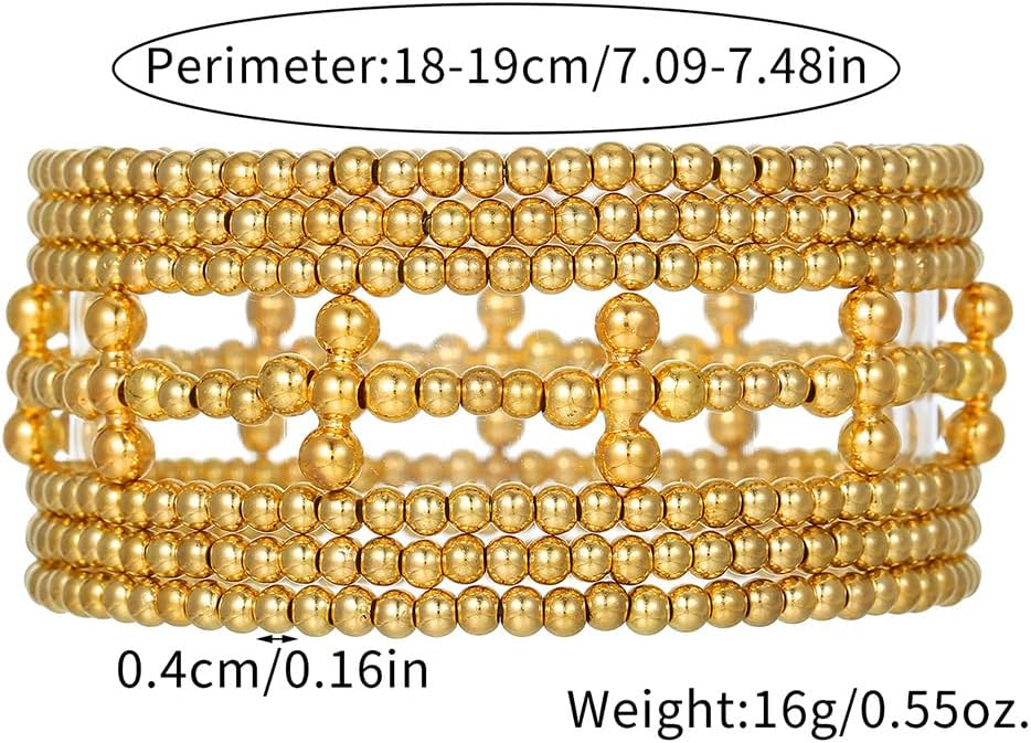 Gold Beaded Bracelets for Women Gold Plated Stackable Cross Layering Bracelet Stack Stretch Bead Bracelet Set Trendy Jewelry Gift for Her - Image 7
