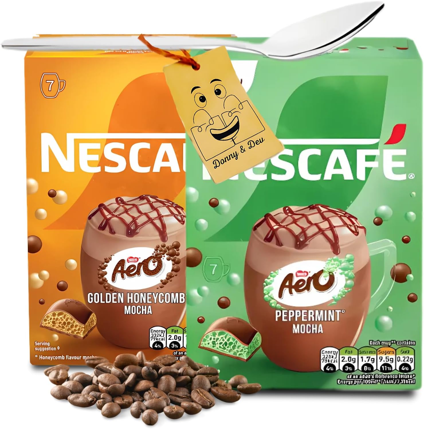 Instant Coffee Bundle Which Includes: Aero Nescafe Mocha: 1x Gold Golden Honeycomb 1x Peppermint (7 instant coffee sachets each) Bundled With 1 x Coffee Spoon by Donny & Dev