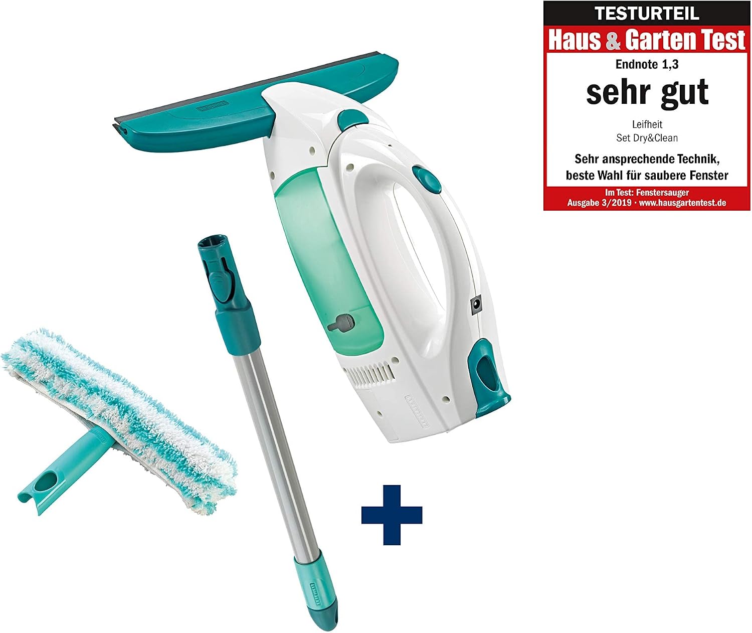 Leifheit Window Vacuum Cleaner Dry&Clean, with Handle and Window Washer, Window Cleaner, Battery-Powered Window Cleaner, 51003