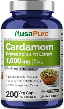 كبسولات NusaPure Cardamom، 1000 مجم، 200 كبسولة نباتية غير معدلة وراثيًا، نباتية