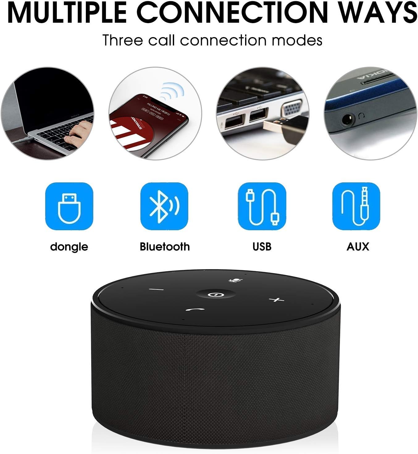 Comparison image showing 'No Echo' feature of SOWO CONF360 speakerphone versus other devices, highlighting clear audio output.