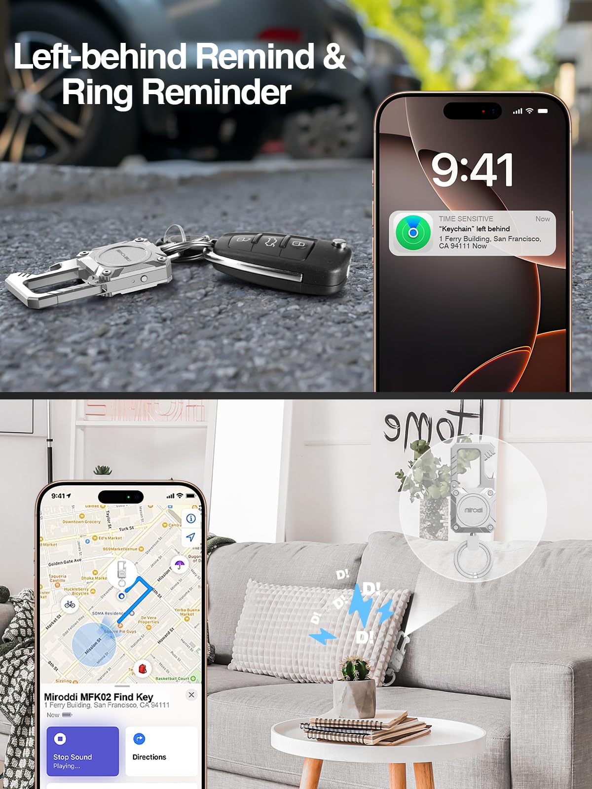 Miroddi Portachiavi per auto con tracker, funziona con Apple Find My (solo iOS), moschettone con apribottiglie, trova chiavi