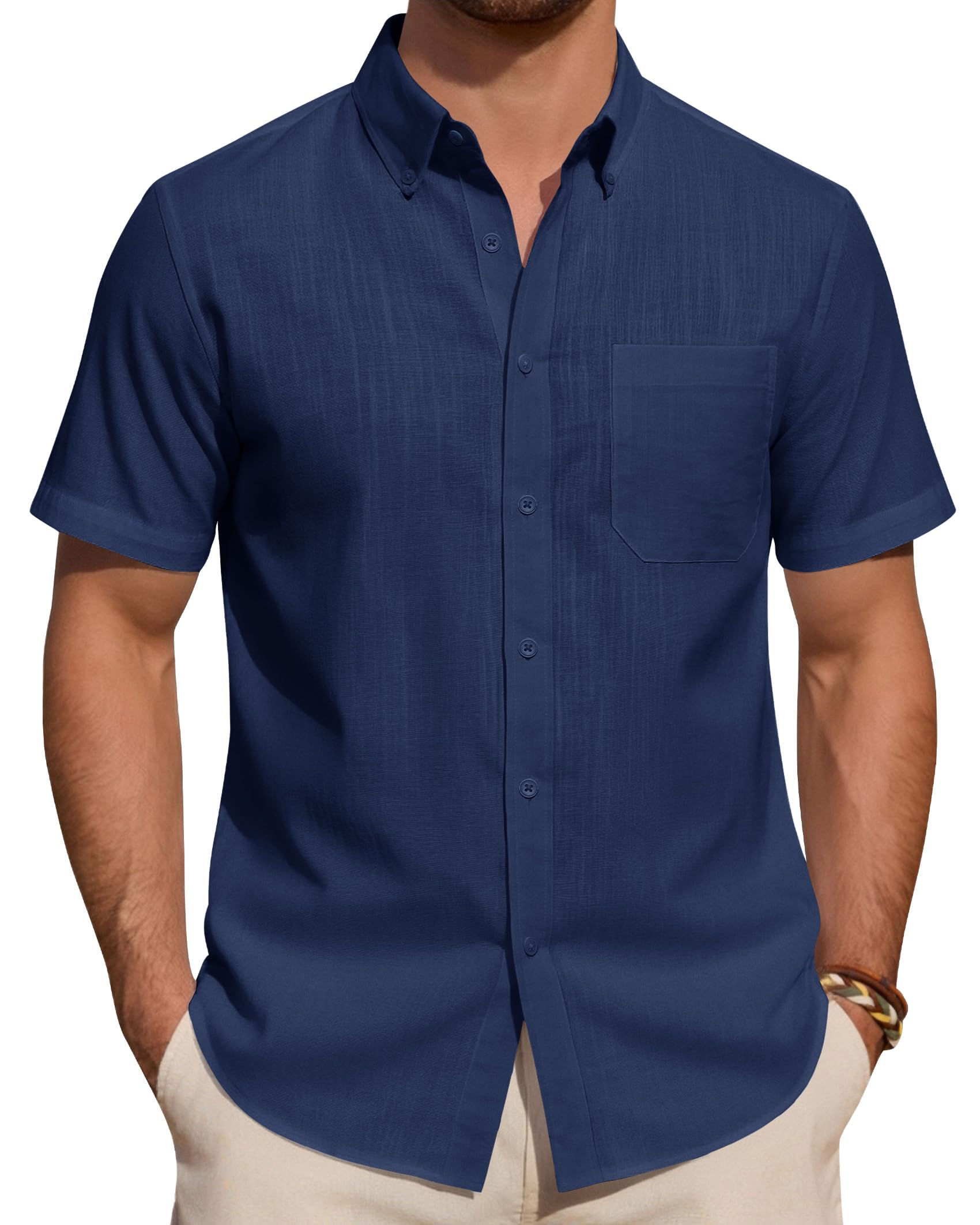 J.VER Leinenhemd Herren Kurzarm Hemd Sommer Freizeithemden Herren Casual Beach Shirts Regular Fit Männer Leinen Hemd Button Down Basic Men Shirts mit Brusttasche