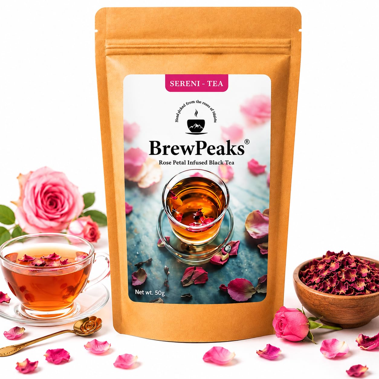 BrewPeaks SereniTea Floral Black Tea Blend with Rose Petals | Nilgiri Orange Pekoe Loose Leaf | Relaxing Aromatic Infusion | Natural Edible Gulab Patti for Daily Wellness (50g)-image-35