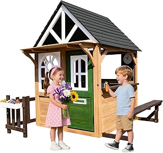 Segmart Wooden Kids Playhouse Outdoor Indoor, Fir Wood Cottage Play House with Kitchen, Dutch Door, Bench, Flowerpot Holders, Working Doorbell, Chalkboard & Pet Hole for Ages 3–8 (Brown)