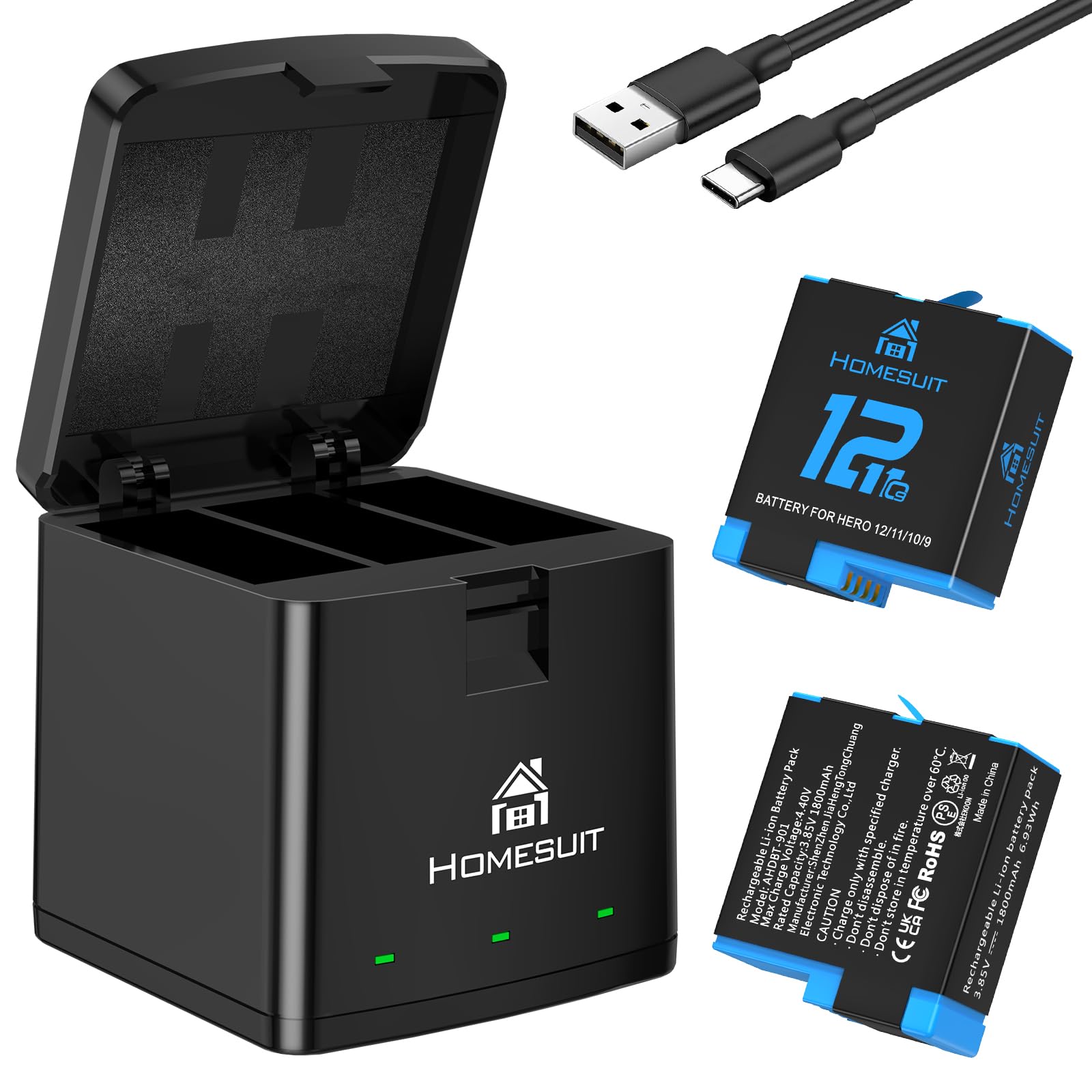 Homesuit Hero 12 11 10 9 akumulator 1800 mAh i 3-kanałowa ładowarka LED USB zestaw z typem C do GoproHero12Black, GoproHero11Black, GoproHero10Black, GoproHero9Black (2 sztuki)