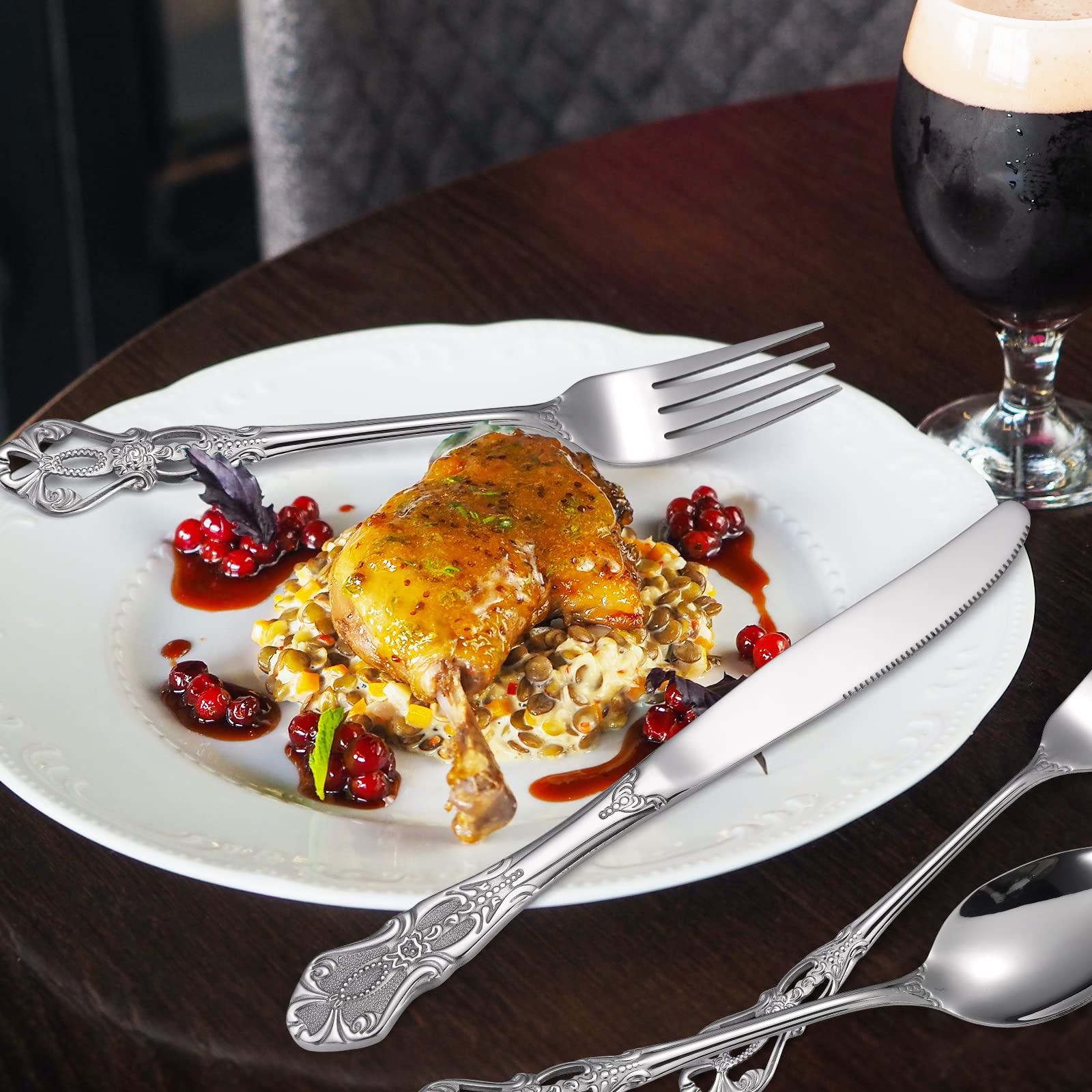 A · HOUSEWARE Retro Royal Silverware Silver Flatware Set for 4 Stainless Stainless Forks Spoons Knives 20 Pieces Retro Kitchen Utensils Restaurant Home and Festival Parties Durable