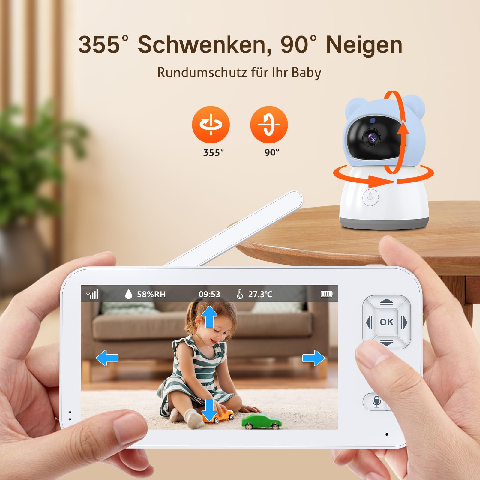 Babyphone mit Kamera 2K/3MP, 5" WLAN Video Babyfon mit App, PTZ 360 Grad Bewegungsverfolgung, IR-Nachtsicht, Weinen/Bewegungs/Geräuscherkennung, Temperaturerkennung, App Steuerung