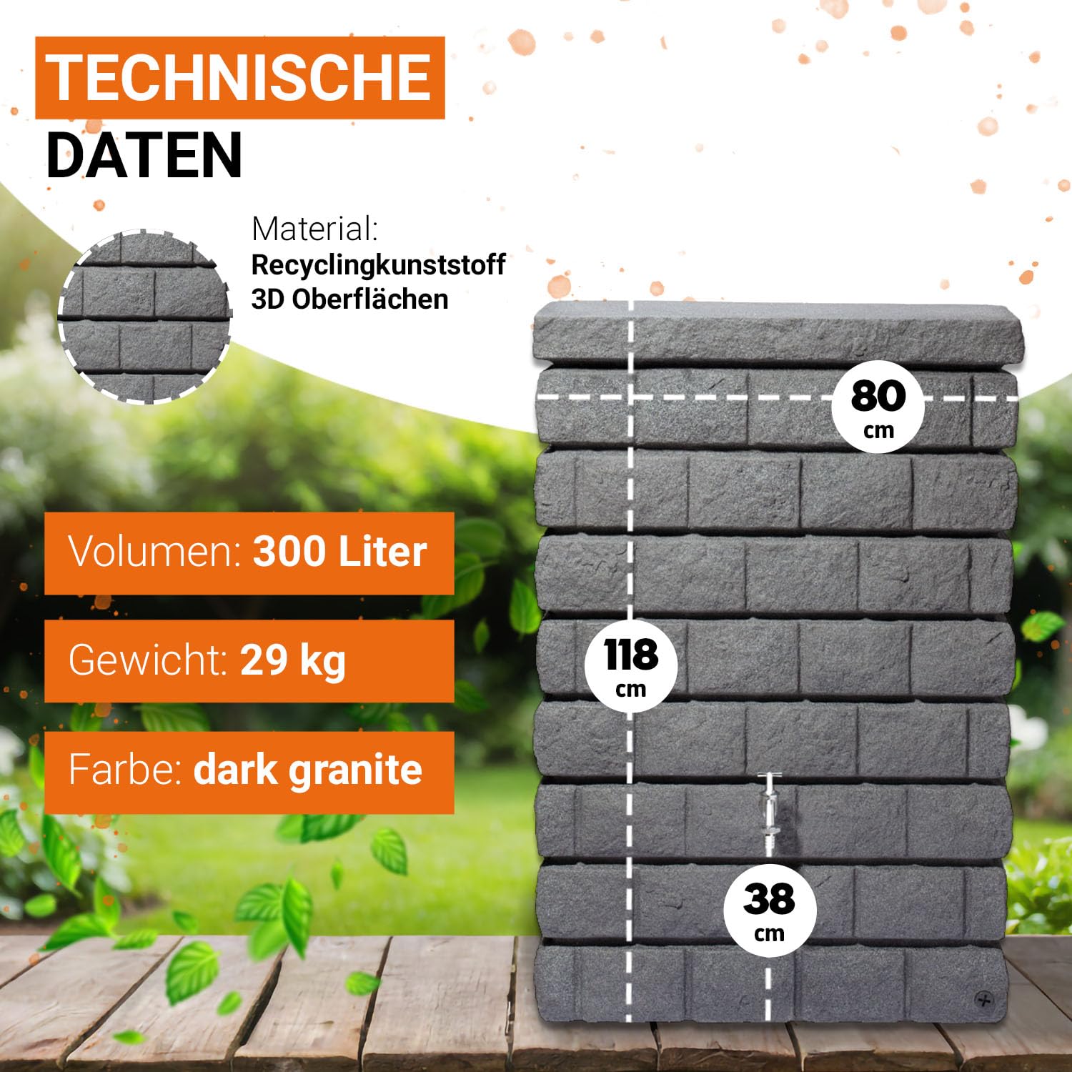GARANTIA Rocky Junior Regentonne Wandtank Komplett-Set 300 Liter | Dark Granite inkl Chrom-Auslaufhahn und Fallrohranschluss Steinoptik für den Garten dekorativ an der Hauswand für Regenwasser