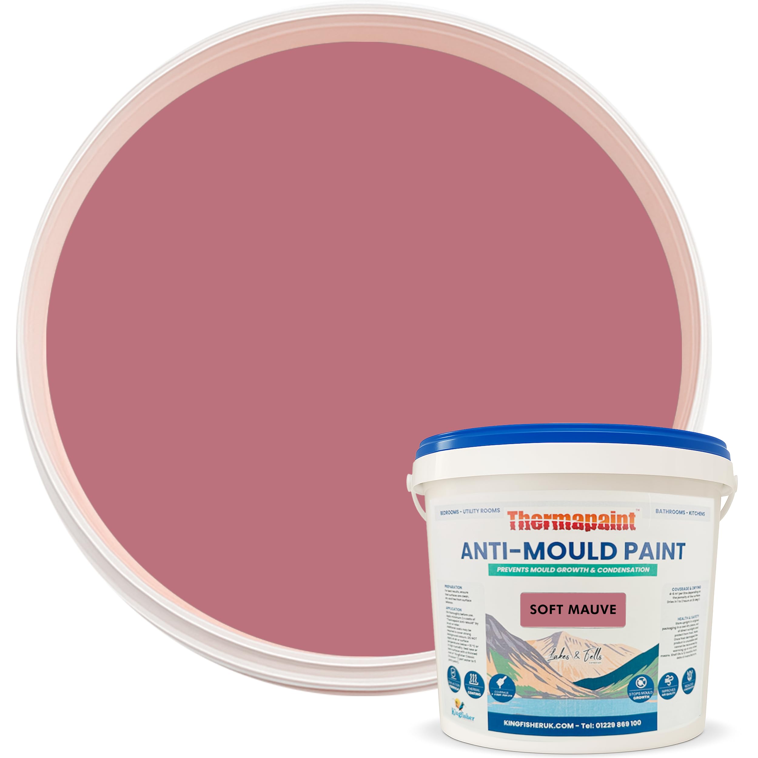 Kingfisher Thermapaint Anti Mould Paint with Active Fungicide 2.5L | Mould & Moisture Resistant Emulsion Wall Paint for Kitchens, Bathrooms & More | Waterproof & Washable | Soft Mauve