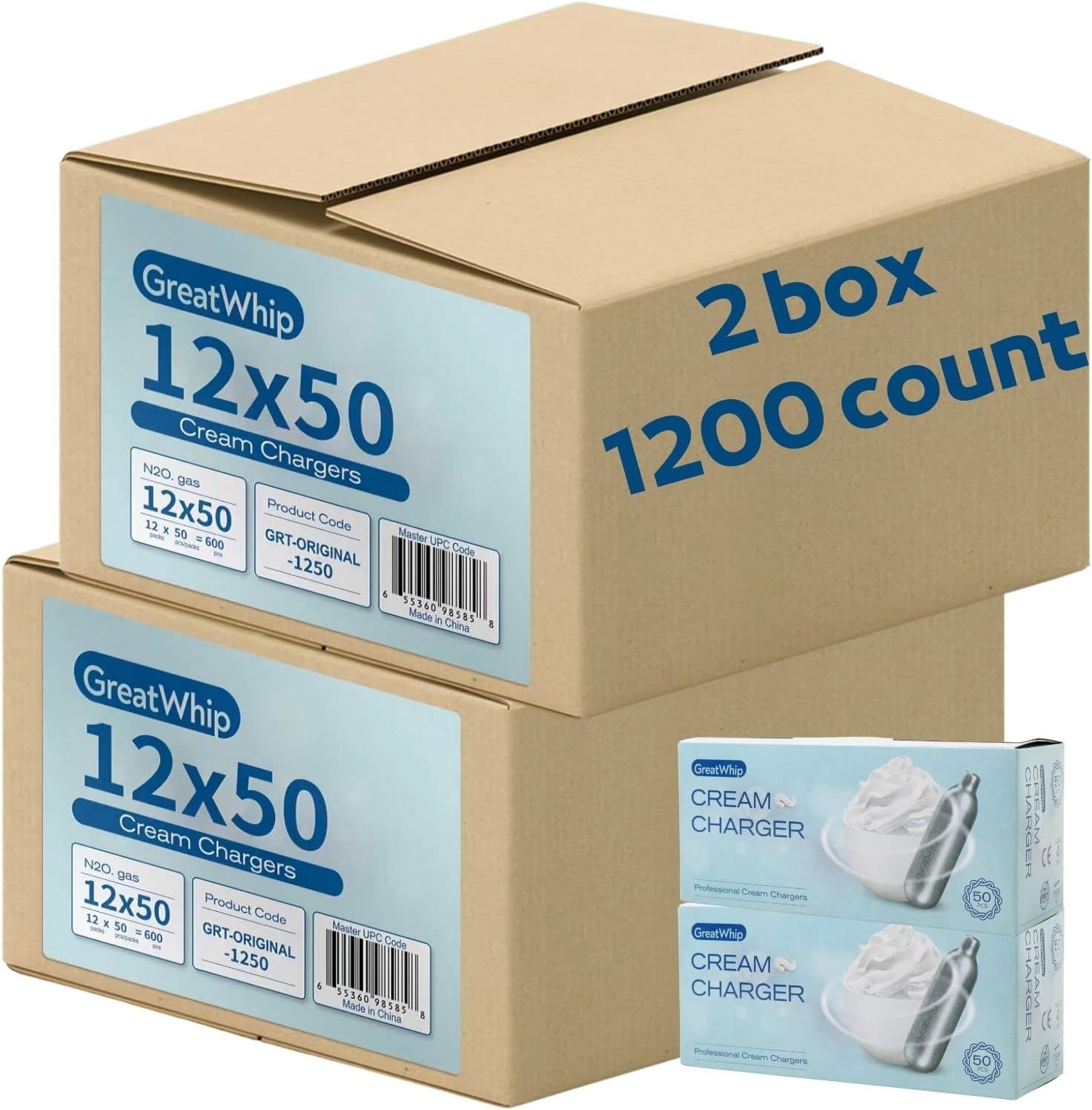 GreatWhip Whipped Cream Charger 1200 Count /2 Boxes 8.2g N2O Cartridges for Whipped Cream Dispenser