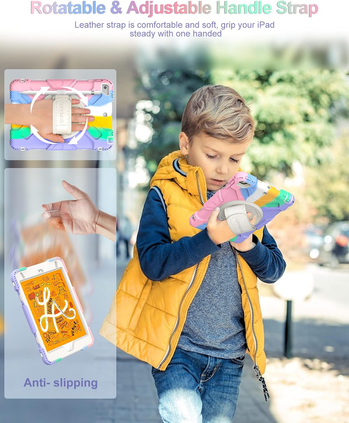 SUPFIVES iPad Mini 5th/ 4th Generation Case:Three- Layer Soft Silicone Kids Case Cover with Stand + Handle + Carrying Shoulder Strap + Pencil Holder for Mini iPad 5 / 4 2019/2015- Rainbow