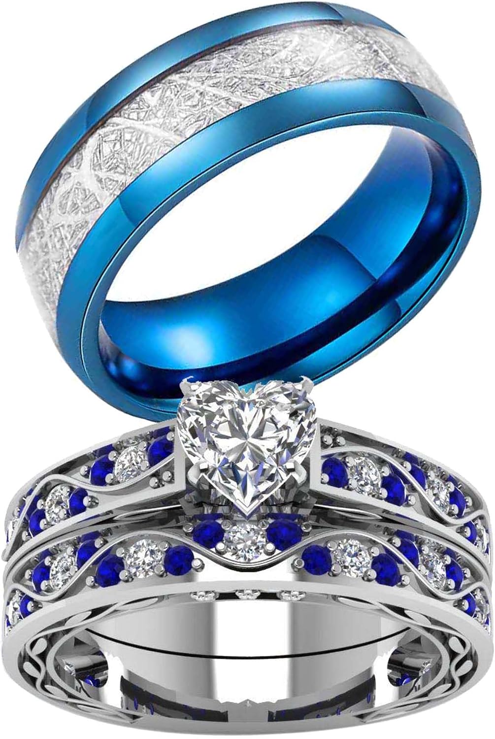His Hers Wedding Ring Sets Couples Matching Rings Women's 10k White Gold Filled Heart CZ Wedding Engagement Ring Bridal Sets & Men's Tungsten Carbide Wedding Band
