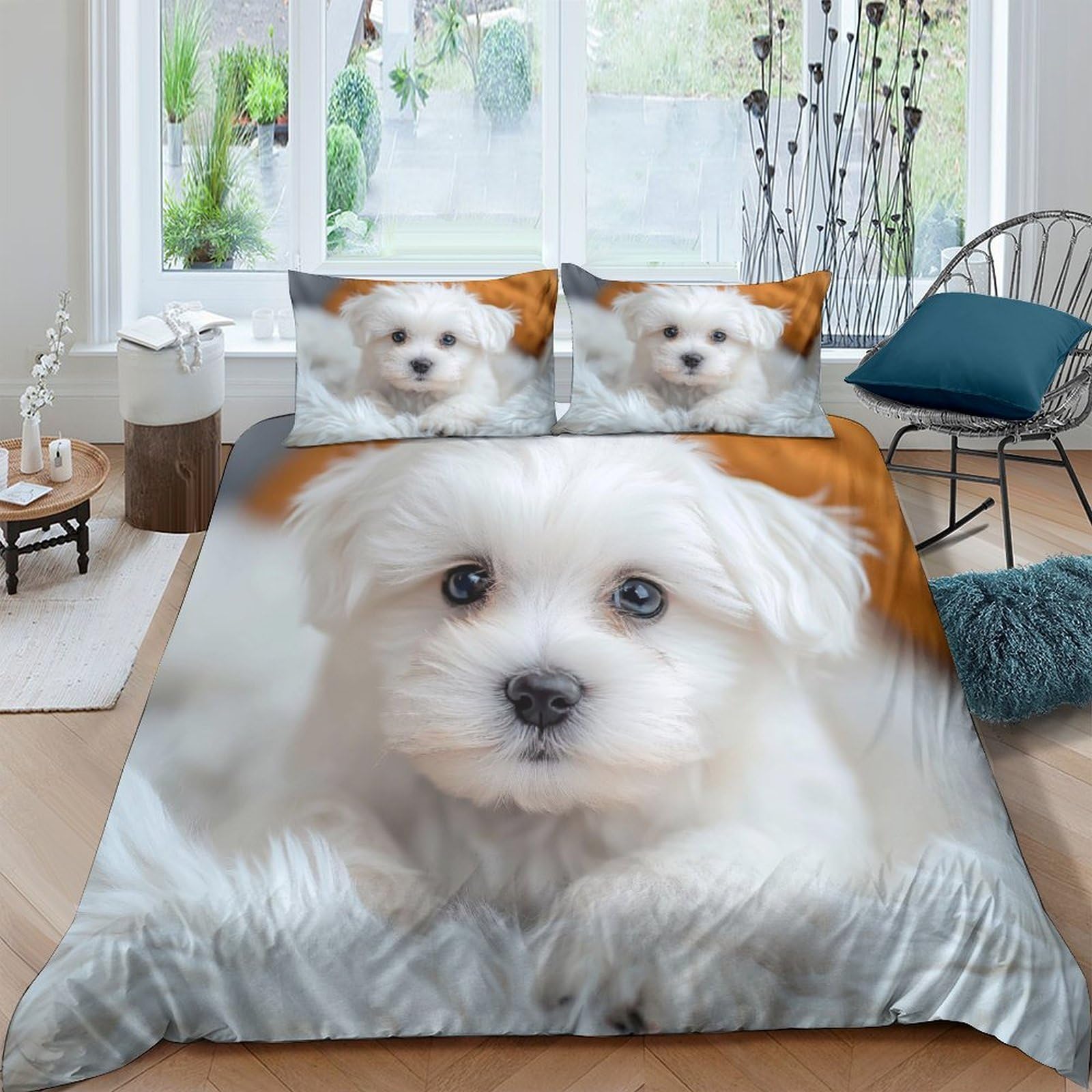 Ctjqhvkz Style-4 3D Printed White Puppy Fitted Sheet Microfiber Soft Anti-Slip Bed Cover For Bedroom Guest Room Decor Easy Care Single（135X200cm）