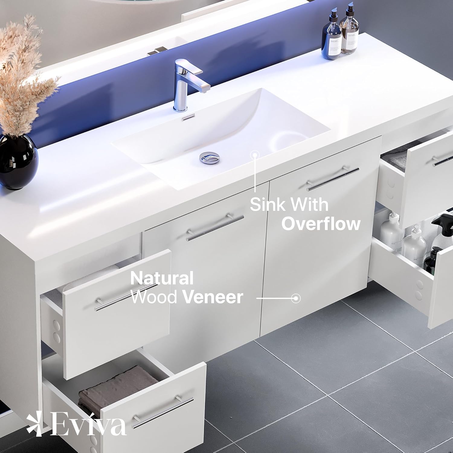 Side view of the Eviva Axel vanity, illustrating soft-closing and full-extension drawers.