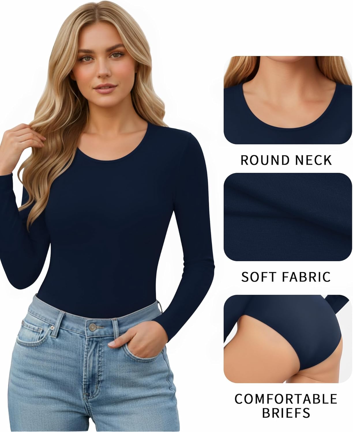 MANGOPOP Round Neck Long Sleeve Short Sleeve Bodysuits for Women Basic Body Suit Shirts Tops - Image 4