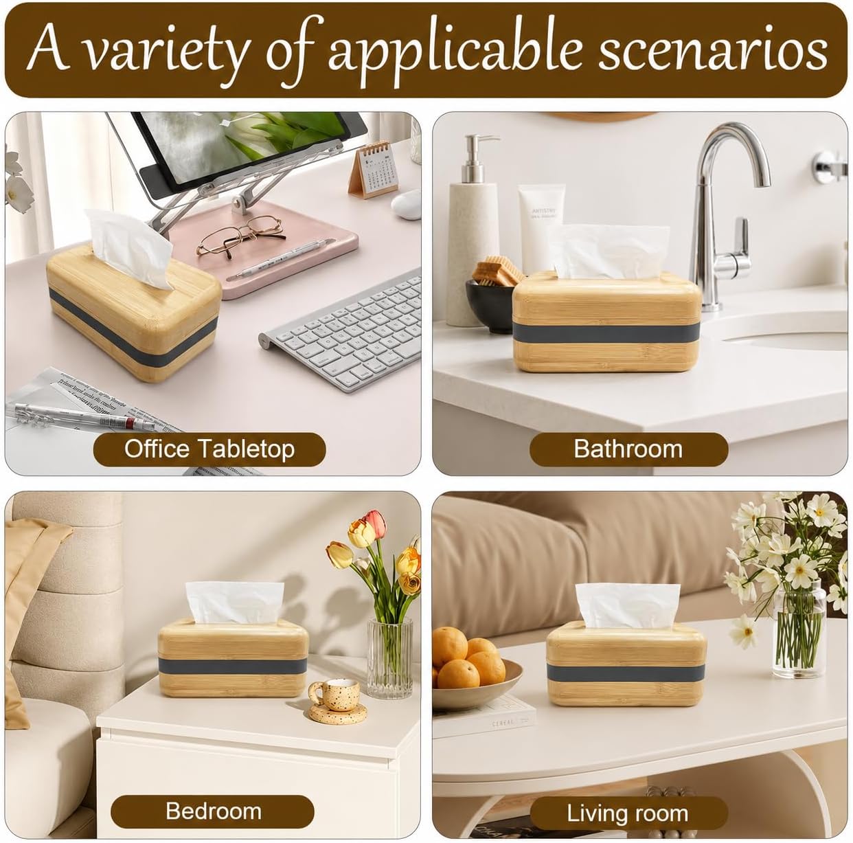 Tissue Box Cover,Bamboo Facial Tissue Holder with Magnetic Lid,Wooden Tissue Organizer Rectangle for Bathroom,Office Desk & Bedroom