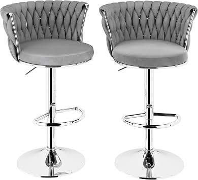 Lamerge Velvet Bar Stools Set of 2,Modern Swivel Bar Chairs Kitchen Counter Bar Stool,Adjustable Barstools Counter Height with High Backrest,Upholstered Kitchen Island Chairs,Grey