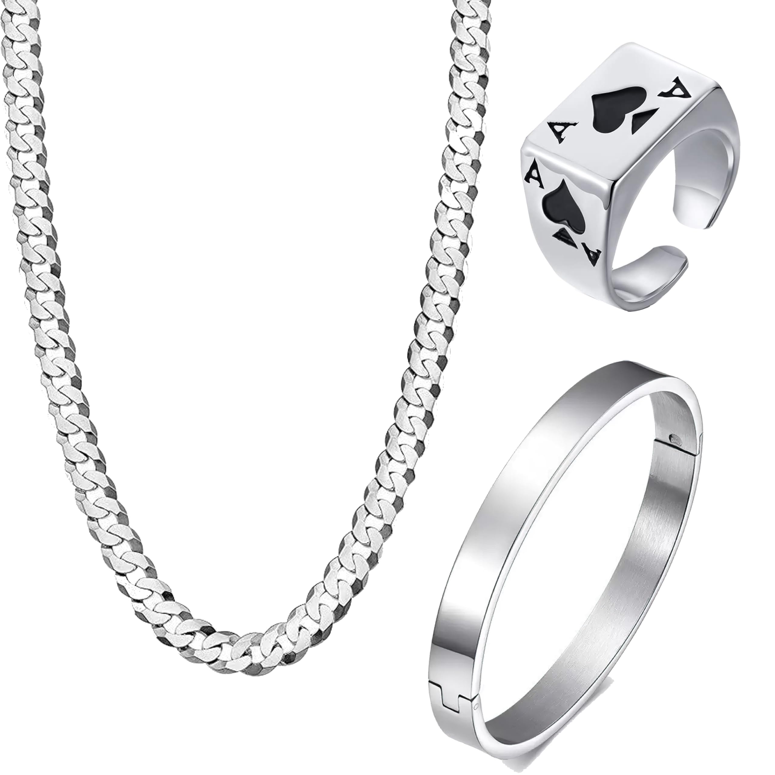 Fashion Frill Silver Chain For Men Stainless Steel Silver Poker Ring with Black Cuff Kada Bracelet For Men Boys Jewellery Combo (B0CJV1YT4H) Amazon Price History, Amazon Price Tracker