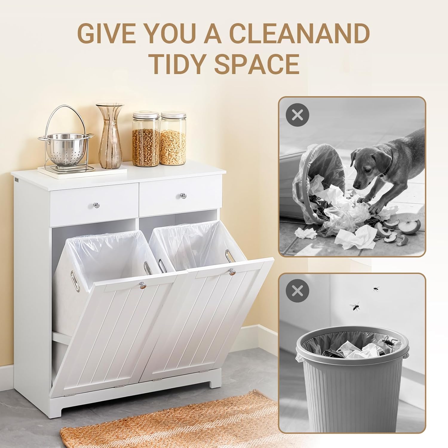 Double Tilt Out Trash Can Cabinet – Hidden Wooden Kitchen Trash Bin Cabinet with 2x10 Gallon Garbage Can, Pet Proof Tilt Out Garbage Holder, Storage Cabinet for Trash in Kitchens, White, BZR33