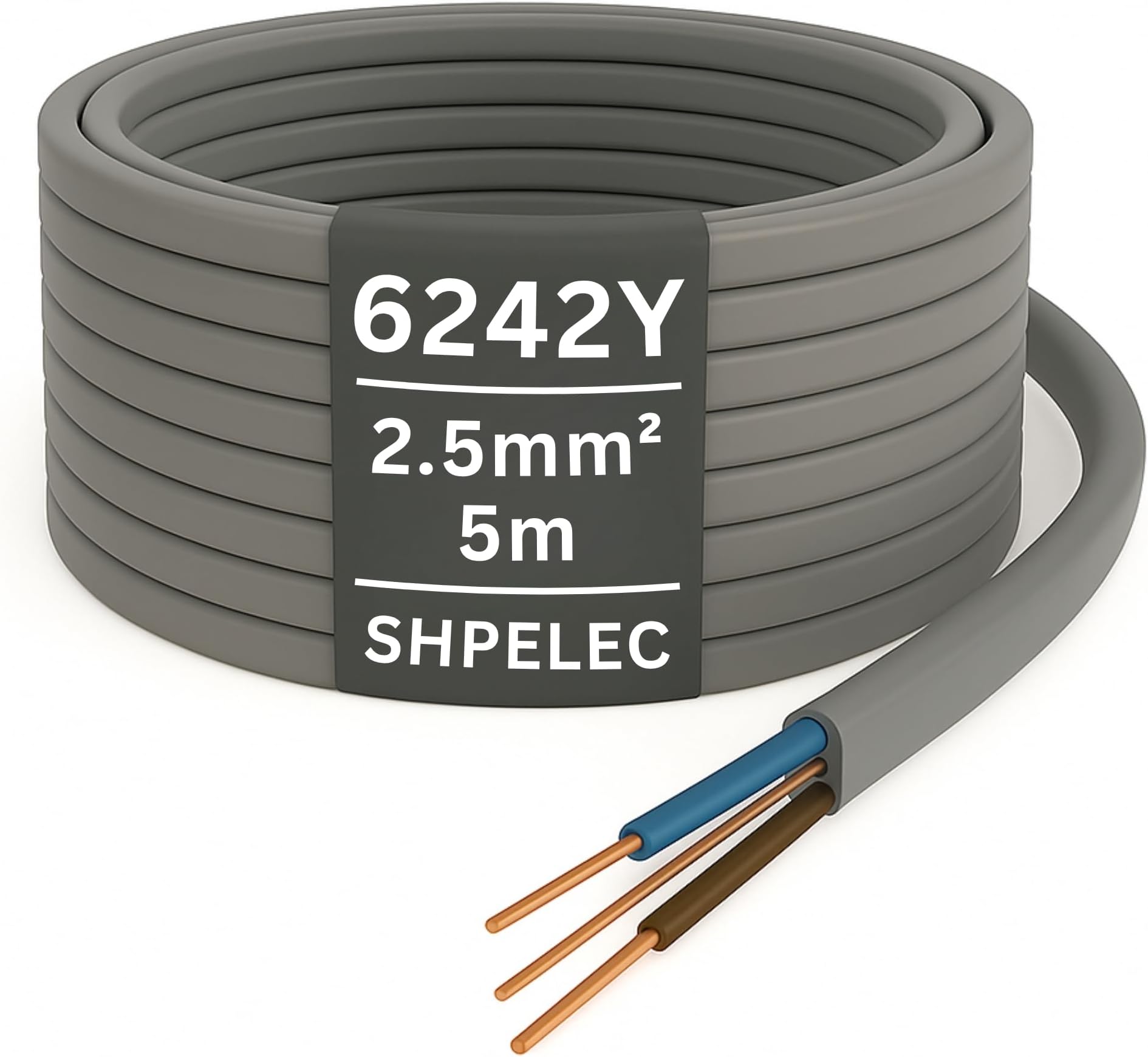 SHPELEC® 6242YH Electrical Grey Cable – 2.5mm Twin & Earth – 5m Cut – Mains Ring Circuit Wire (5metres - 2.5mm Twin and Earth Cable)