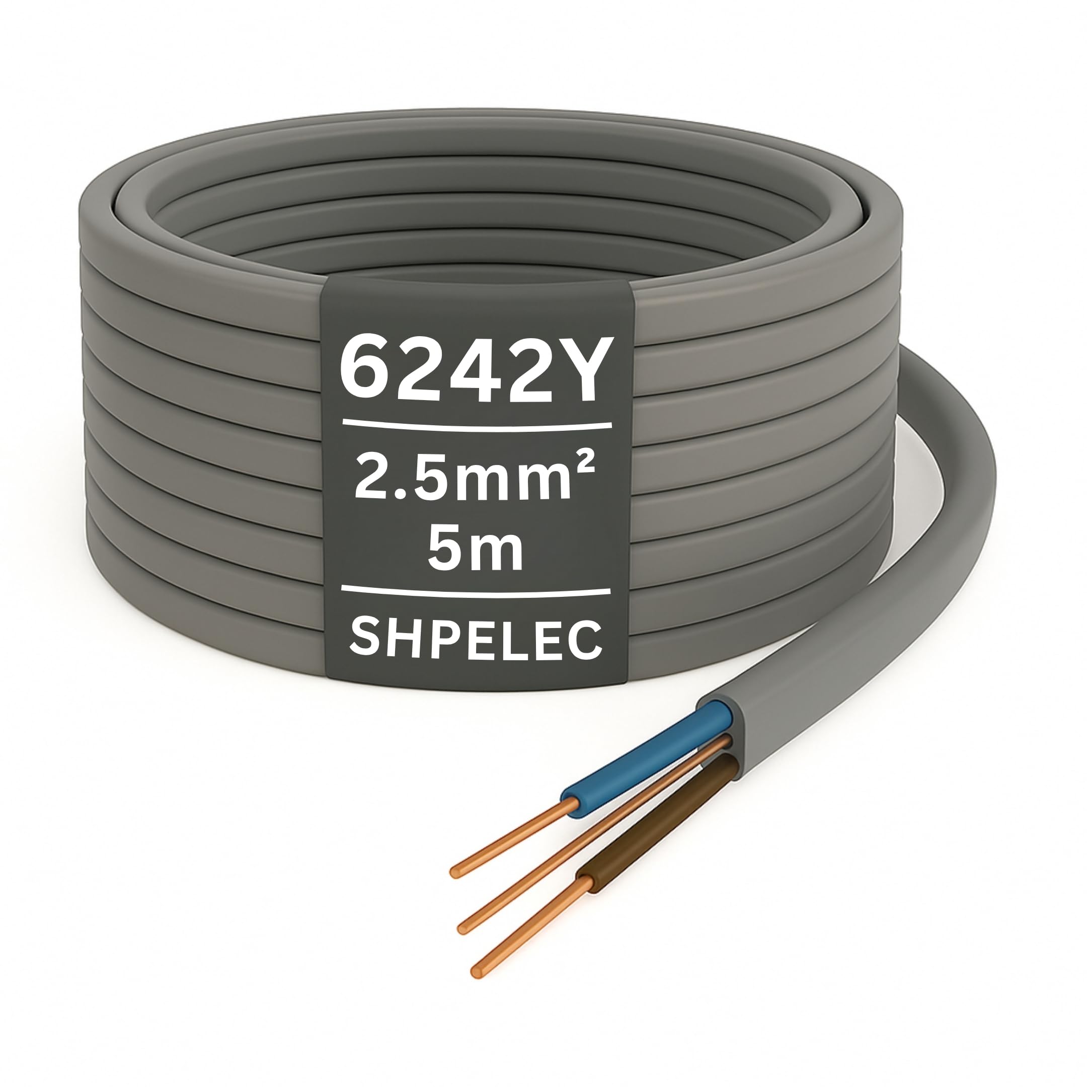 SHPELEC® 6242YH Electrical Grey Cable – 2.5mm Twin & Earth – 5m Cut – Mains Ring Circuit Wire (5metres - 2.5mm Twin and Earth Cable)
