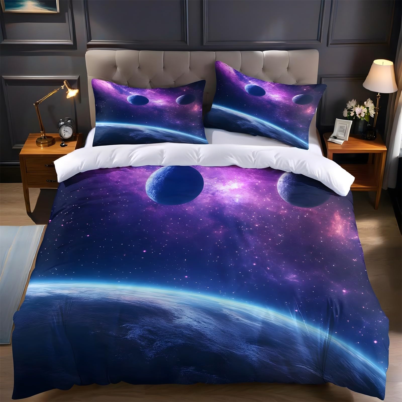 Ypthriline Single Duvet Cover Set Planet Bedding Set Microfiber Purple-Blue Duvet Covers with Pillowcases Reversible Bedding With Zipper Closure 135x200CM