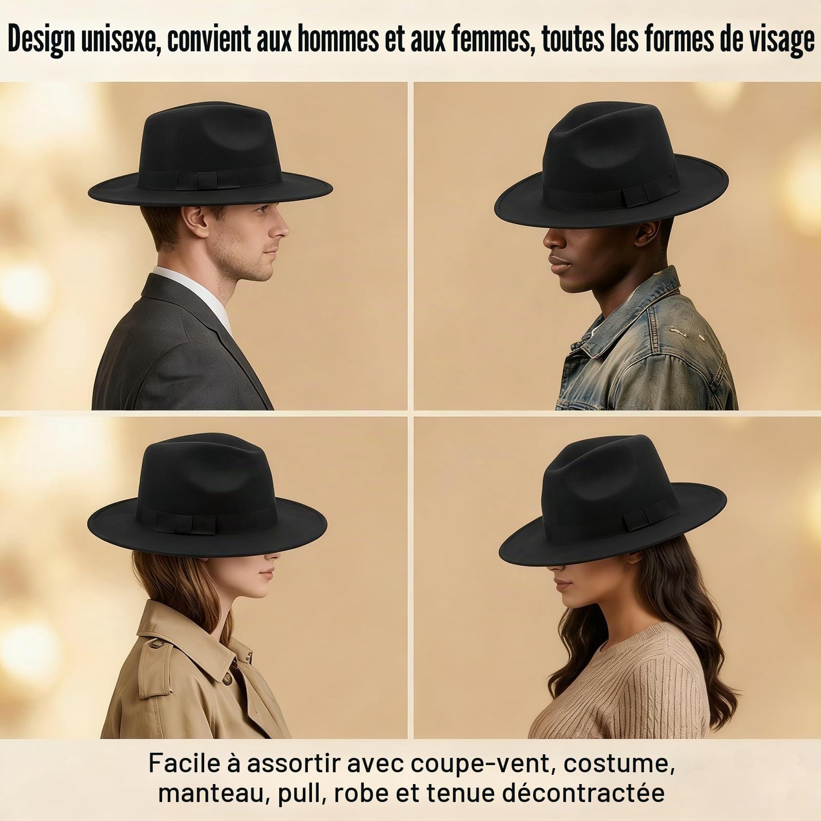 Chapeau Fedora à large bord pour femmes et hommes Upstore – Chapeau Panama classique en feutre avec bande (Circonférence de tête : 56-59 cm / 22-23 pouces) Noir