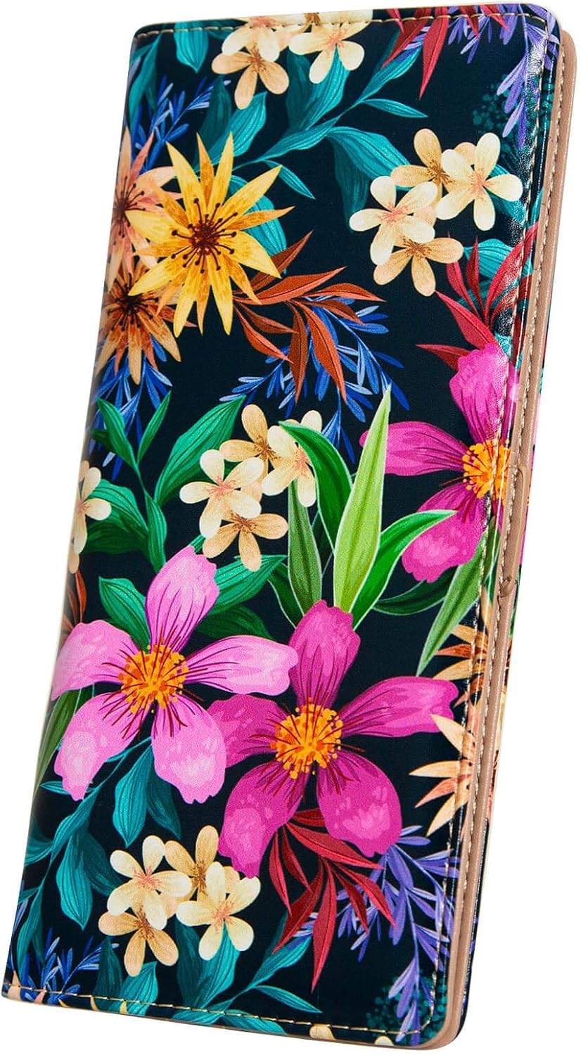 AIRMORS Wallet Women Leather Credit Card Holder with RFID Blocking Large Capacity Slim zipper Wallets for Men Minimalist Coin Purse long clutch wallet (Flowers-1)