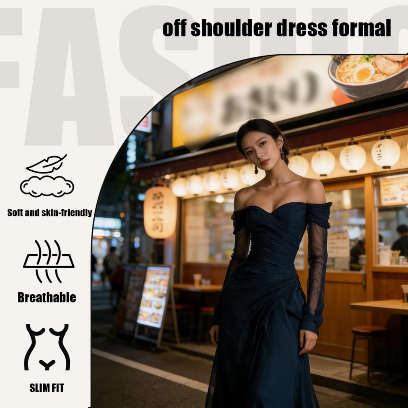 Maxivestido Elegante para Mujer en chifón Azul Oscuro, de Manga Larga, Hombros Descubiertos y Corte Ajustado; diseño de Primavera-Verano con Paneles de Malla.