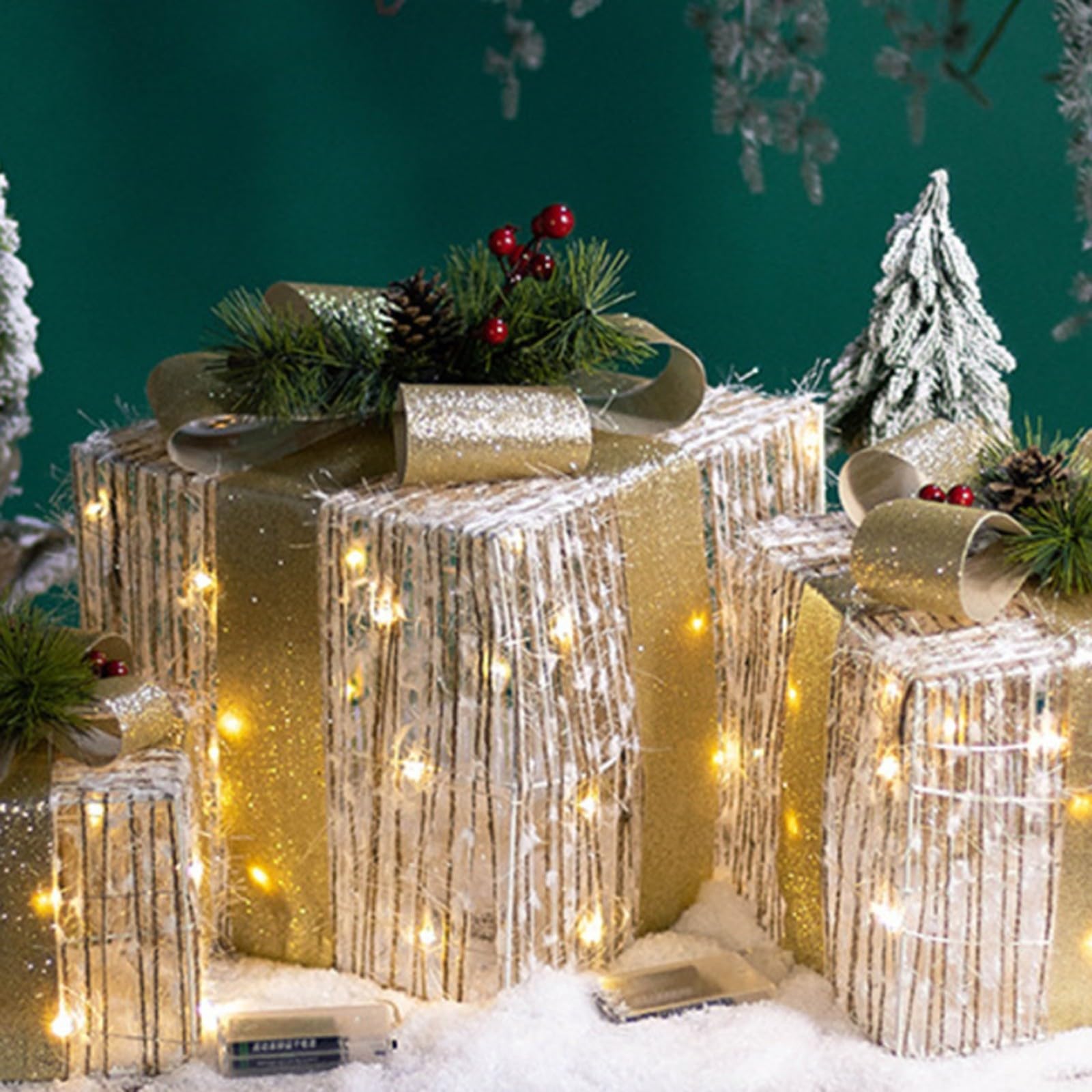 Set di 3 scatole natalizie illuminate, in peluche, decorazione regalo con timer, fiocco argentato, telaio in ferro battuto, per interni ed esterni (oro)
