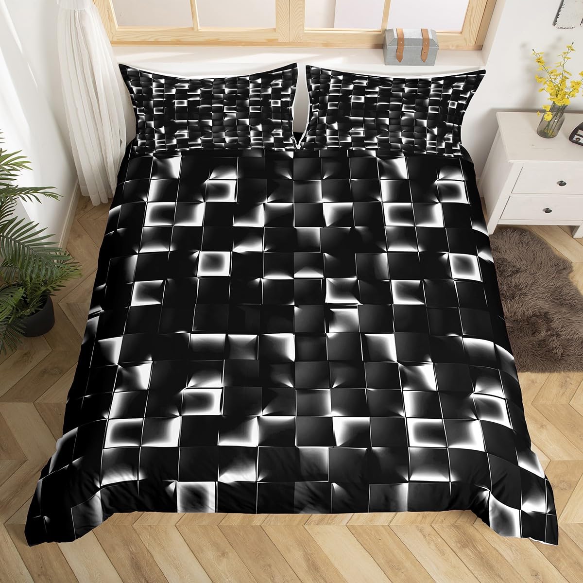 Homewish Geometric Checkered Quilt Cover Double Size Neon Black White Duvet Cover for Kids Teen Men Gamer Room Decor, Abstract Ombre Plaid Bedding Set Grids Bed Set, Microfibre