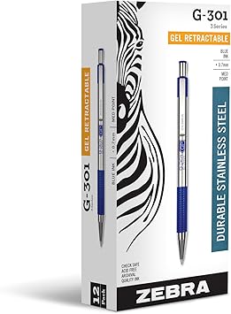 Zebra Pen G-301 Retractable Gel Pen, 0.7mm Medium Point, Stainless Steel Barrel, Textured Grip, Easy Glide Ink Provides a Smooth and Skipless Writing Experience, Blue Ink, 12-Pack 41320