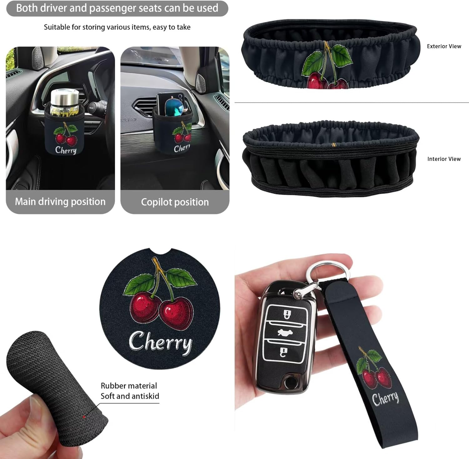 Cherry Car Interior Seat Covers 15 Pcs Easy to Install Auto Accessories with Seat Belt Cover, Steering Wheel Cover, Cup Holder, Key Chain, Car Decor Gift for Holiday