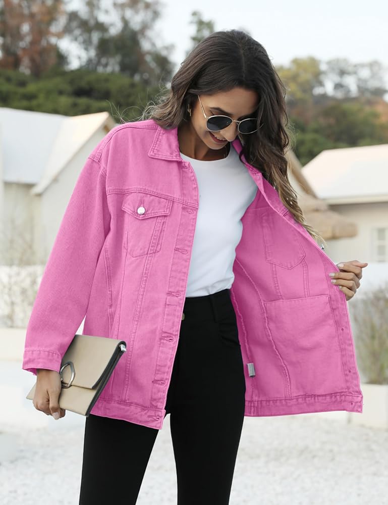 Omoone, Women's Oversized Denim Jacket Biker Coat, Pink Red, M