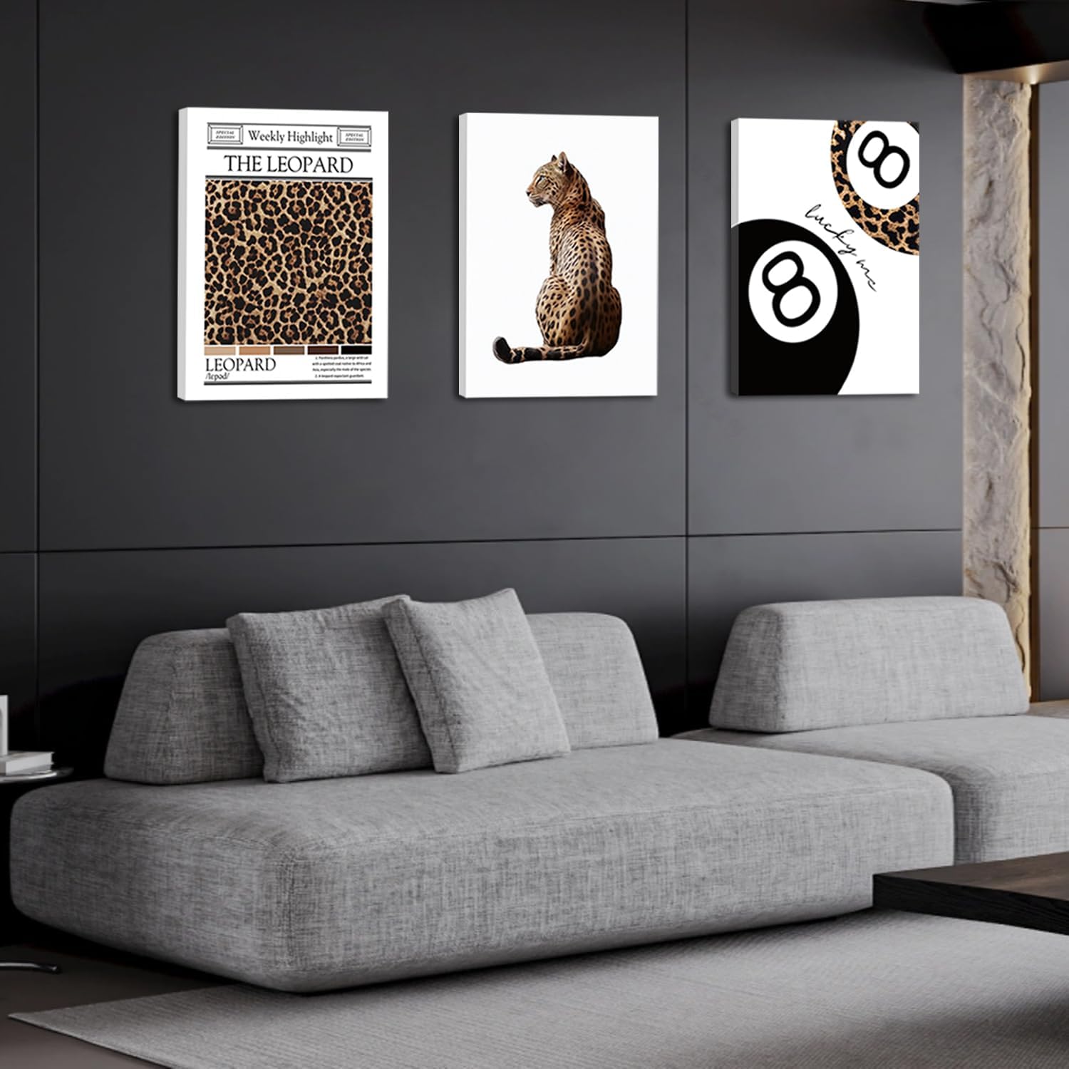 Black And White Framed Wall Art Set of 3-Trendy Leopard Canvas Art Prints Funky Lucky 8 Ball Posters Prints Preppy Room Aesthetic Cheetah Wall Decor Pictures For Bedroom Bathroom Living Room 16×24in
