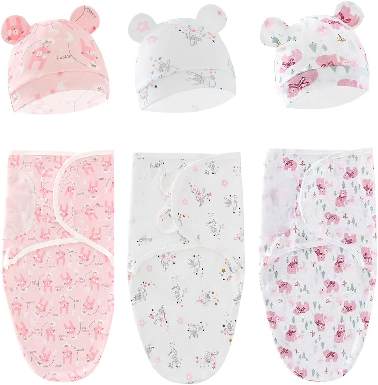 Baby Swaddle Sleep Sack with Hat Set for 0-3 months 3-Pack Soft Cotton Newborn Wearable Swaddle Wrap for Girls Boys