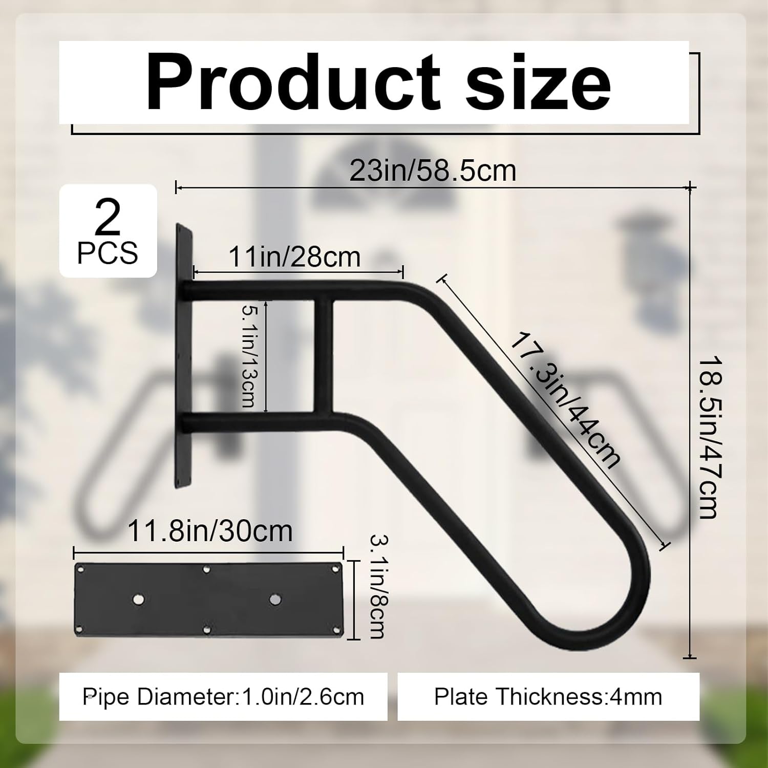2 Pack Outdoor Handrail for 1-3 Step Stairs, 28.7” Wall Mount Stair Hand Railing Grab Bars Metal Stair Railing Handrails for Outdoor Steps, Garage, Porch, Garden, Indoor (Simple Bent Shape)