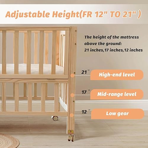 Miniatura 7 de Moisés plegable de madera Moisés portátil 4 en 1 con colchón transpirable, cuna de bebé de 3 alturas con ruedas, mini cuna para bebés recién