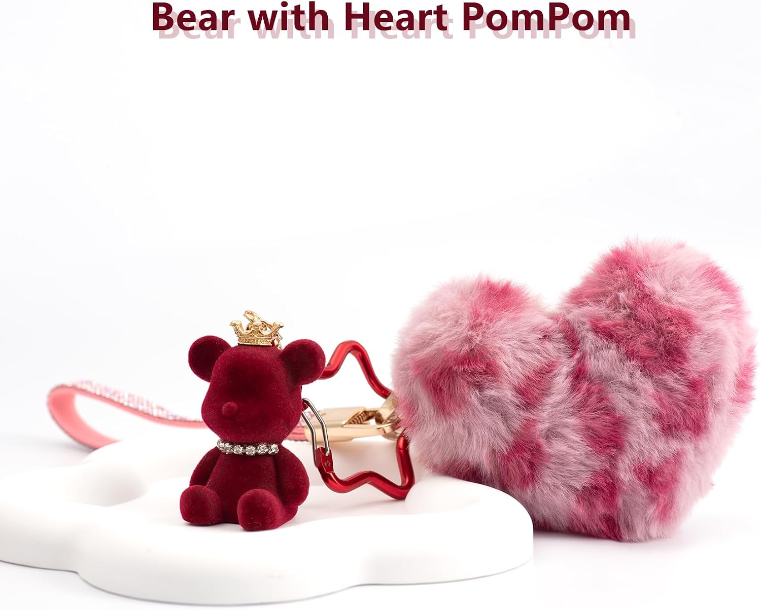 Key Chain Women Cute Bear Bag Charm with Heart Pom Pom Puff Ball Keychain Charms for Purse Backpack