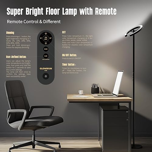 Vista 5 de GLOWRIUM -H3B Lámpara de pie para dormitorio, lámpara LED brillante de esquina moderna de 71 pulgadas con control remoto, 4 temperaturas