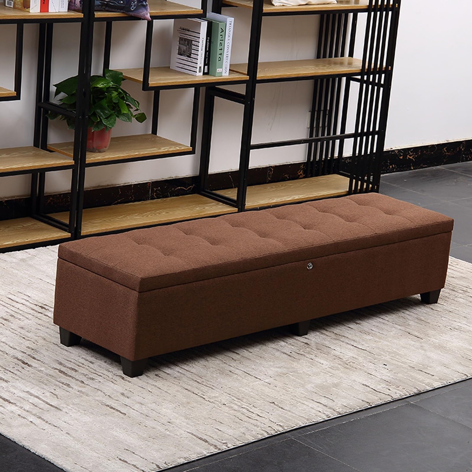 GHFXSCV Lockable Storage OttomanUpholstered Pouf with Spacious Storage Rectangular Design for Bedroom Privacy Protection Wooden Container (Brown)