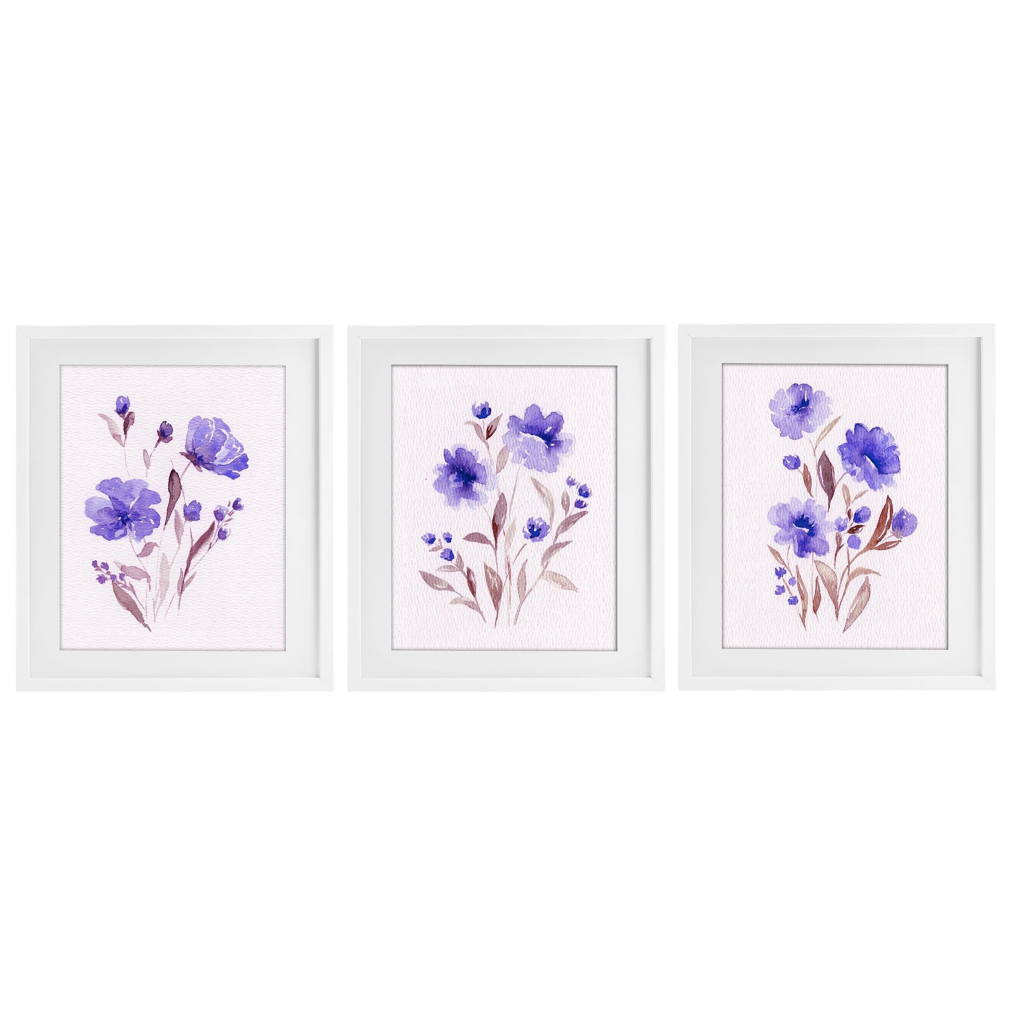 Stupell Industries 'Watercolor Purple Blooms', 3pc Framed Print Under Glass Set, White, 13 x 16 Inches, Easy to Hang and Sturdy, Made in USA, by Leah Noel Art